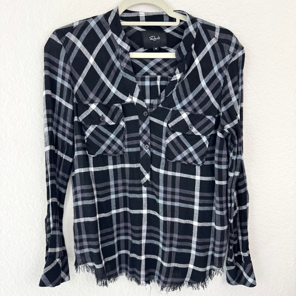 Rails Womens Redding Popover Blouse Shirt Size XS Fringe Rayon Linen Plaid